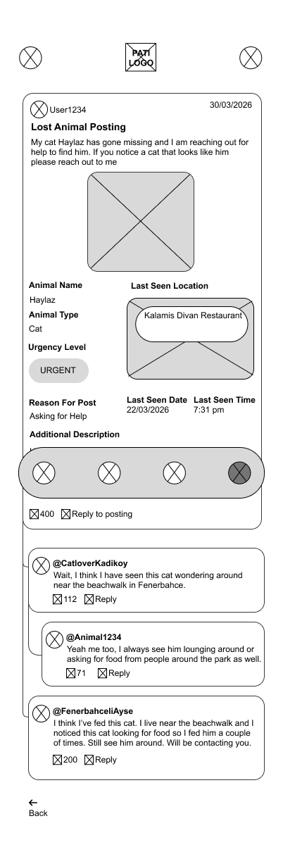 Digitized wireframe for Lost Animal Posting